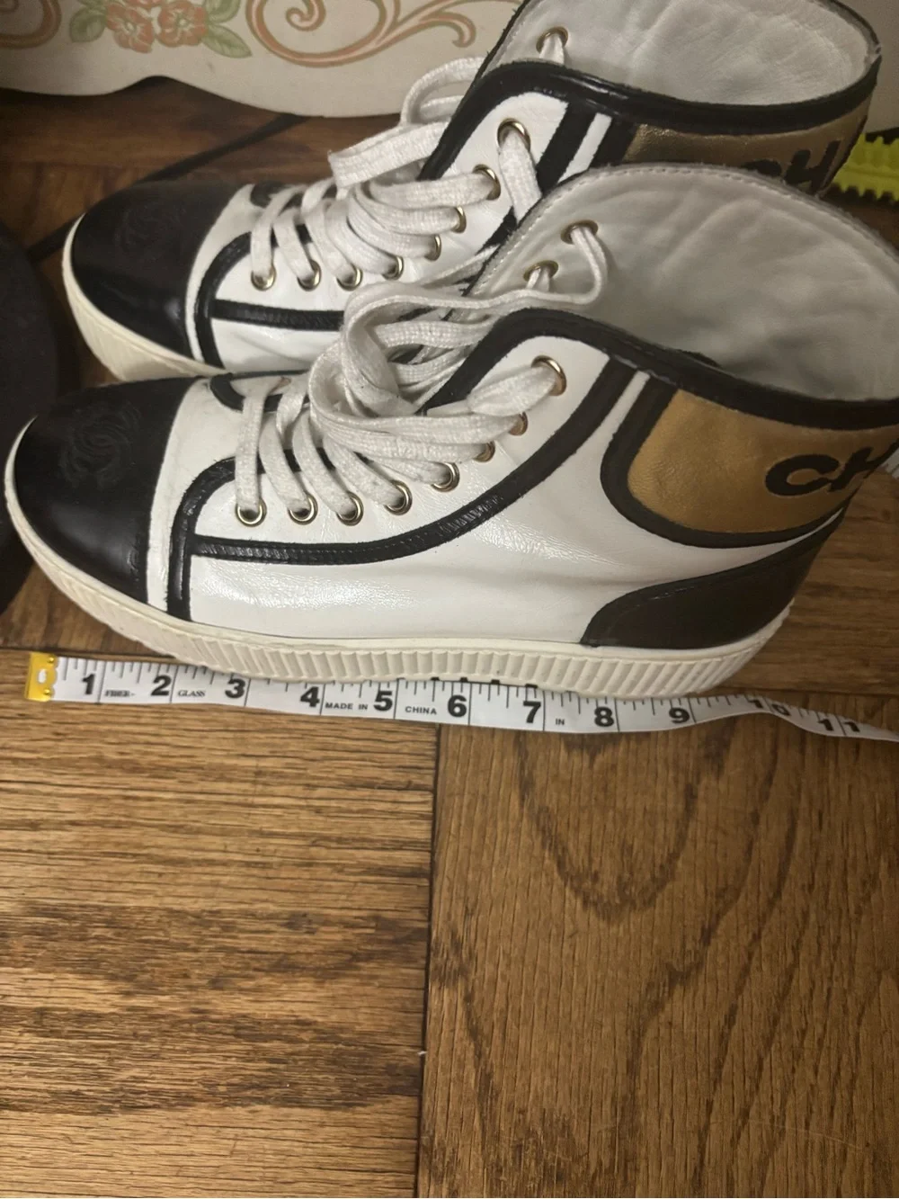 CHANEL White and Black Logo High-Top Sneakers